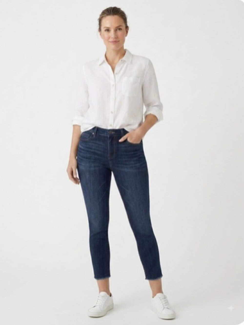 Eileen Fisher Skinny Jeans Mid-Rise Stretch Cropped Dark Wash Raw Hem EUC, sz 8
